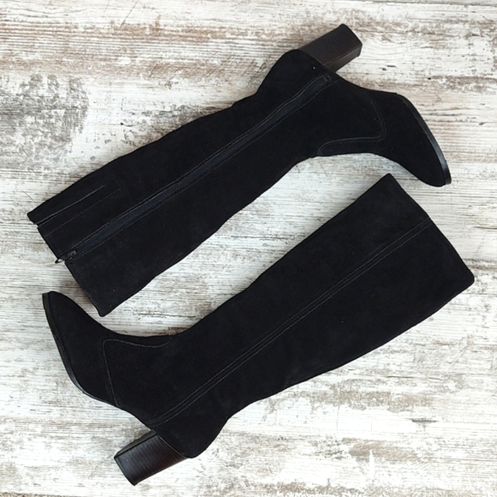 🟪NWOT Black Suede Leather Tall Boots, block heal